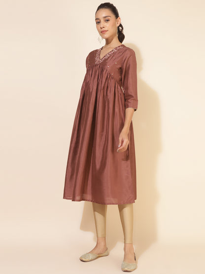 Janasya Brown Crepe Silk Embellished Empire Kurta - Distacart
