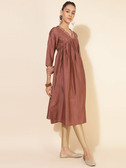 Janasya Brown Crepe Silk Embellished Empire Kurta - Distacart