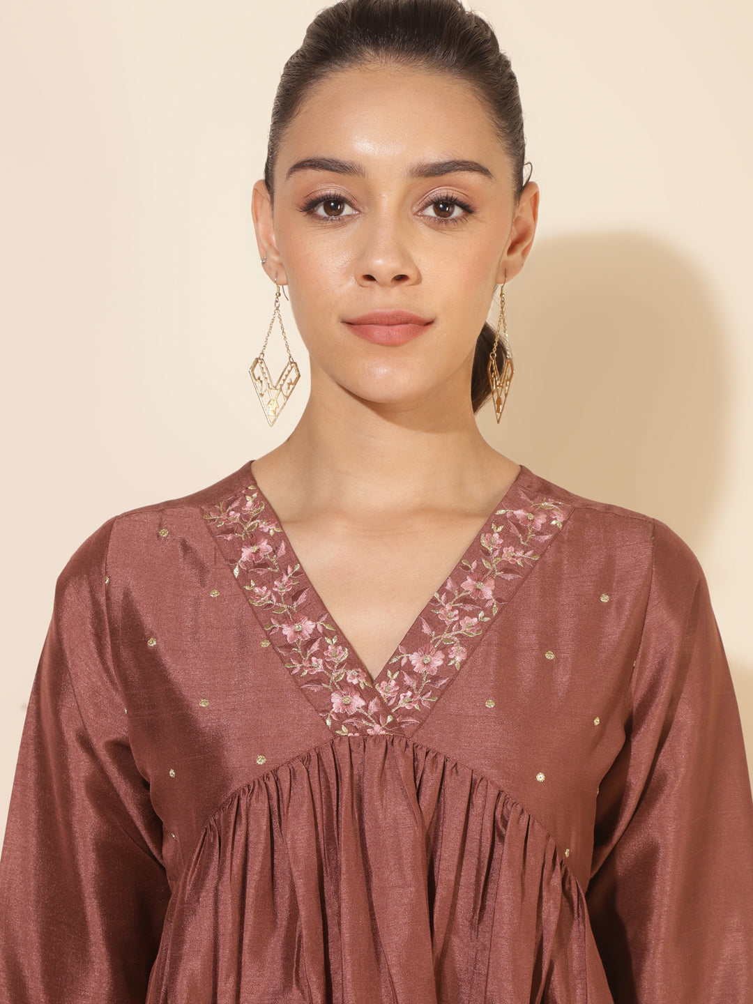Janasya Brown Crepe Silk Embellished Empire Kurta - Distacart