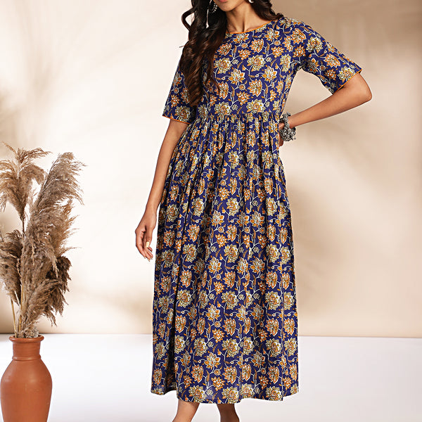 Janasya Dark Blue Cotton Floral Printed Gathered Dress - Distacart