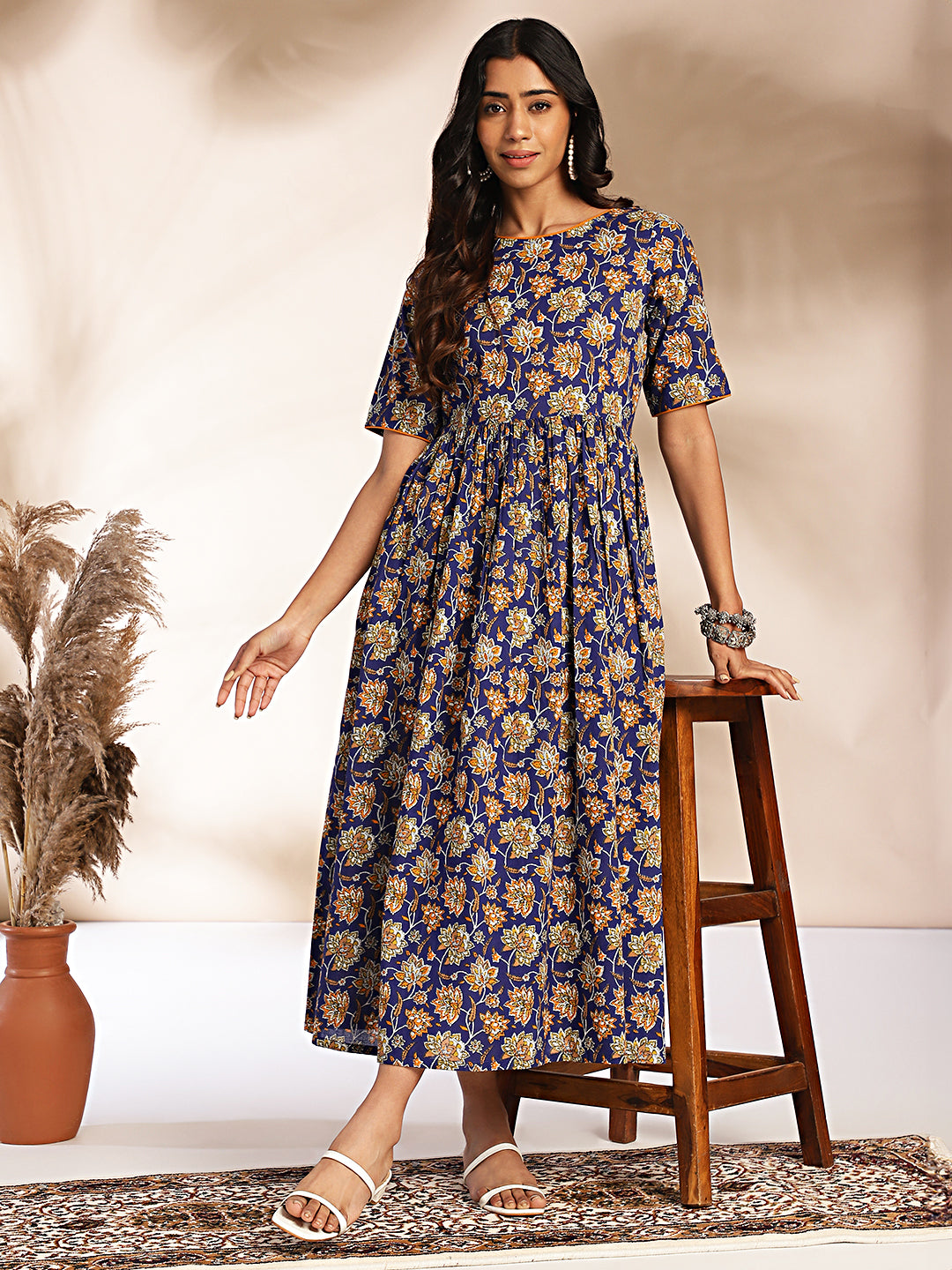 Janasya Dark Blue Cotton Floral Printed Gathered Dress - Distacart