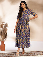 Thumbnail for Janasya Dark Blue Cotton Floral Printed Gathered Dress - Distacart