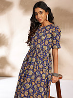 Thumbnail for Janasya Dark Blue Cotton Floral Printed Gathered Dress - Distacart