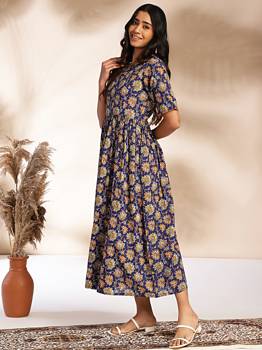 Janasya Dark Blue Cotton Floral Printed Gathered Dress - Distacart