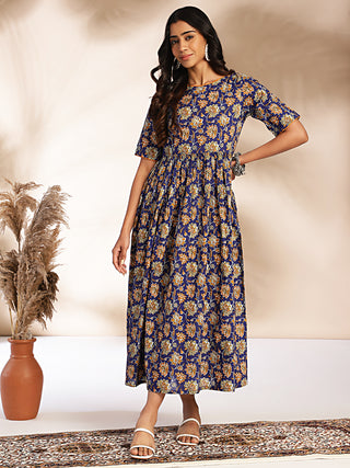 Janasya Dark Blue Cotton Floral Printed Gathered Dress - Distacart