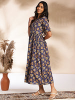 Thumbnail for Janasya Dark Blue Cotton Floral Printed Gathered Dress - Distacart