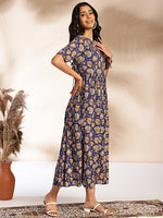 Thumbnail for Janasya Dark Blue Cotton Floral Printed Gathered Dress - Distacart