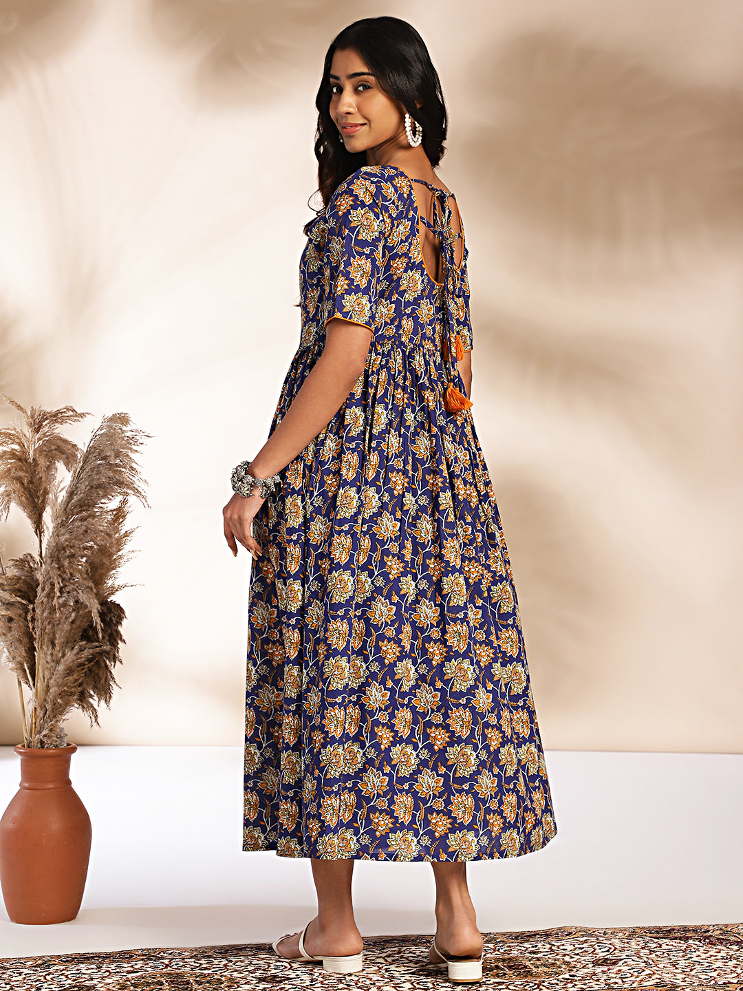 Janasya Dark Blue Cotton Floral Printed Gathered Dress - Distacart