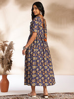 Thumbnail for Janasya Dark Blue Cotton Floral Printed Gathered Dress - Distacart