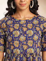 Thumbnail for Janasya Dark Blue Cotton Floral Printed Gathered Dress - Distacart