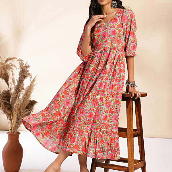 Janasya Multicolor Cotton Floral Printed Flared Dress