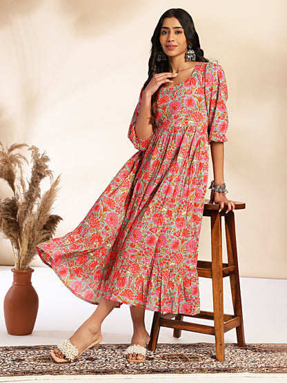 Janasya Multicolor Cotton Floral Printed Flared Dress - Distacart