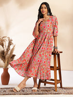 Thumbnail for Janasya Multicolor Cotton Floral Printed Flared Dress