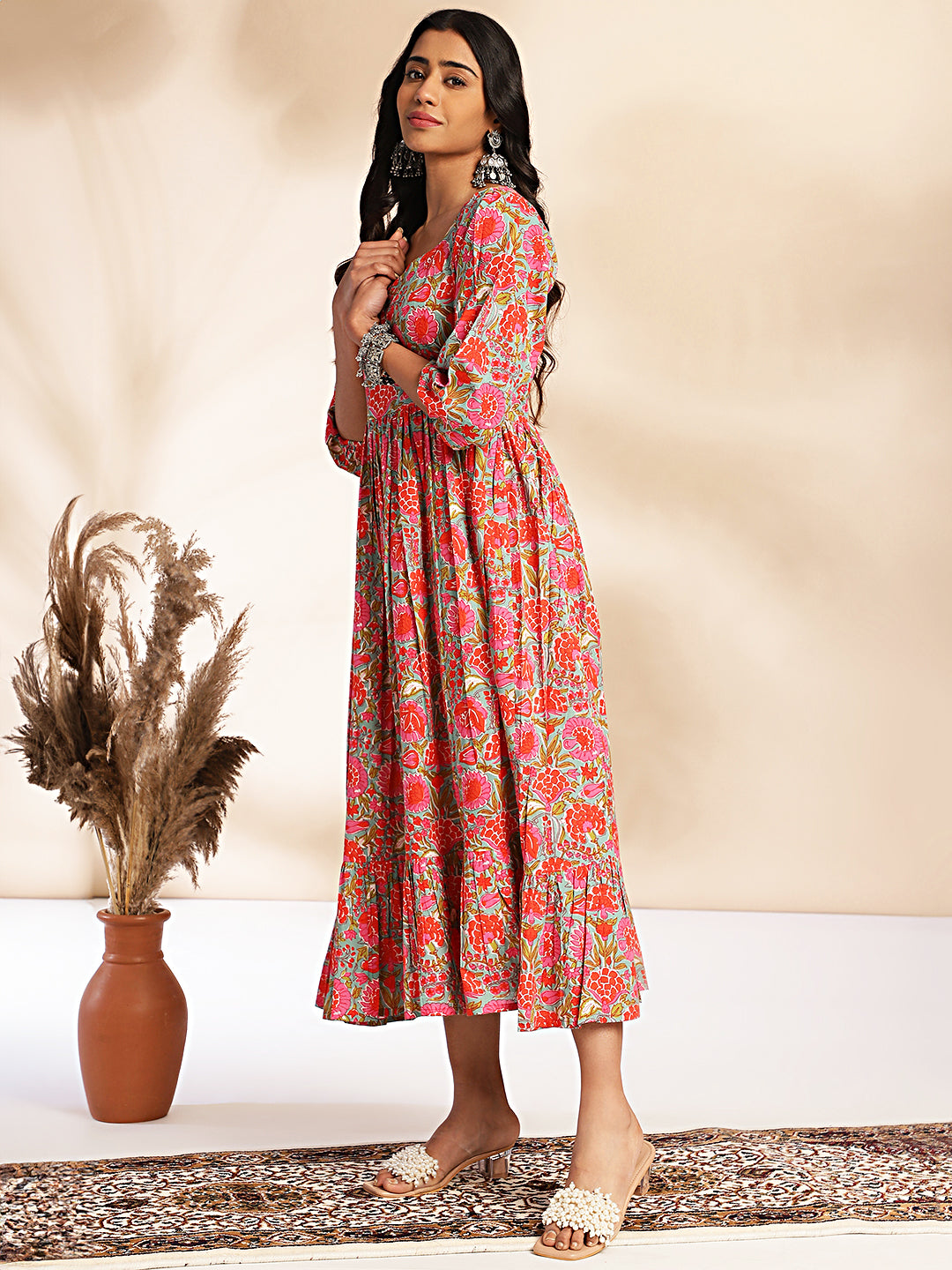 Janasya Multicolor Cotton Floral Printed Flared Dress