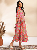 Thumbnail for Janasya Multicolor Cotton Floral Printed Flared Dress