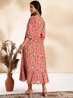 Thumbnail for Janasya Multicolor Cotton Floral Printed Flared Dress