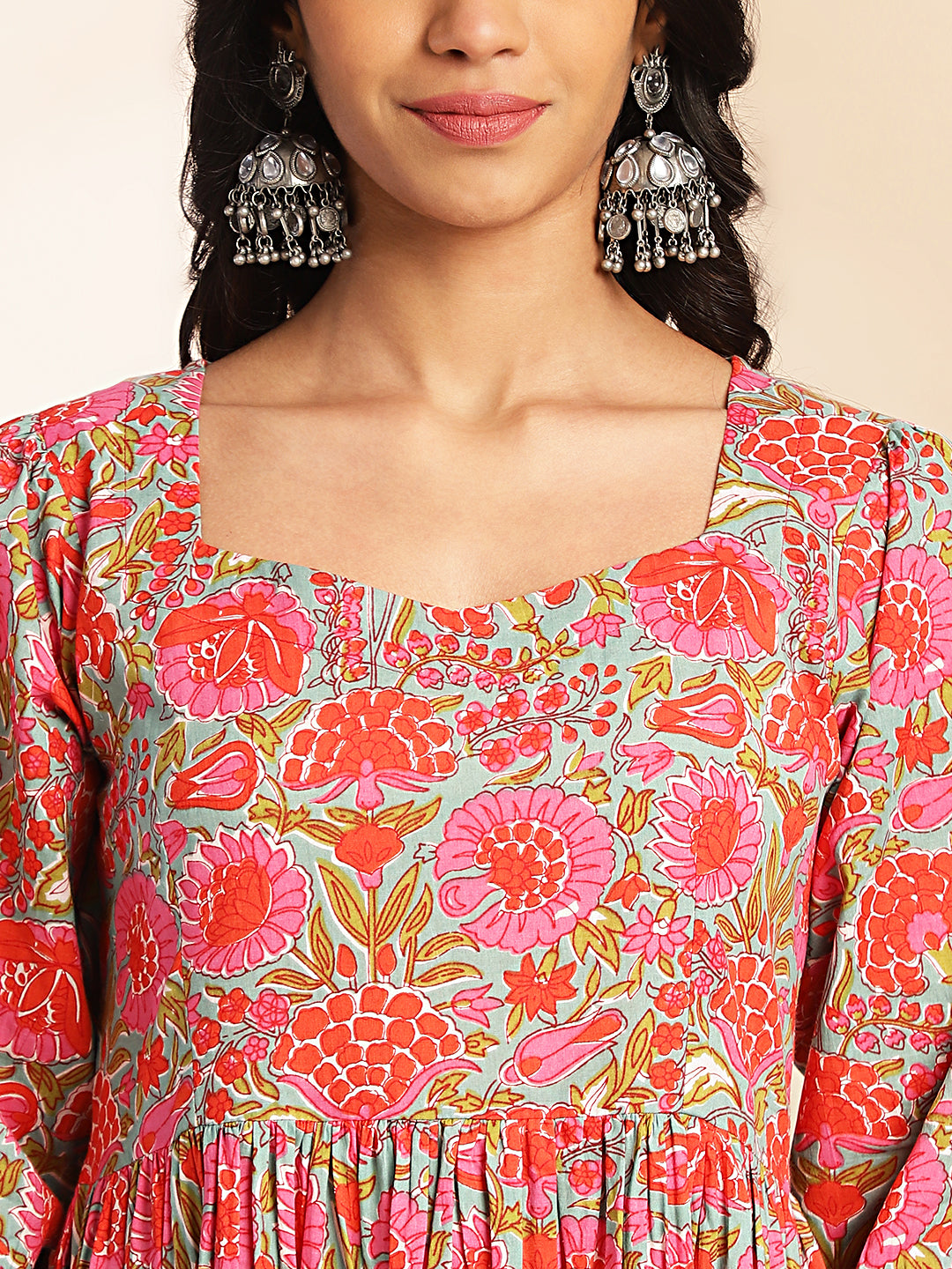 Janasya Multicolor Cotton Floral Printed Flared Dress