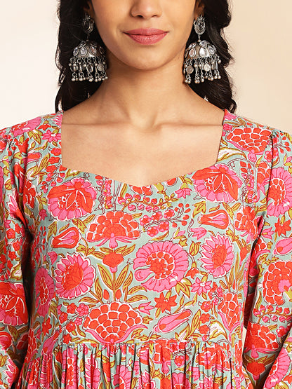 Janasya Multicolor Cotton Floral Printed Flared Dress - Distacart