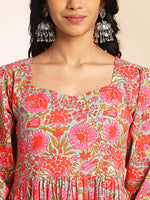 Thumbnail for Janasya Multicolor Cotton Floral Printed Flared Dress