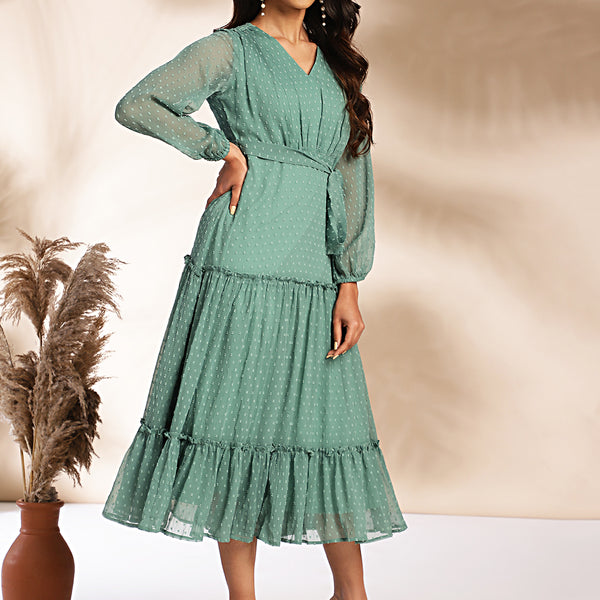 Janasya Sage Dobby Chiffon Solid Tiered Dress