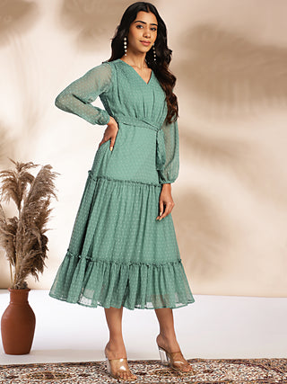 Janasya Sage Dobby Chiffon Solid Tiered Dress