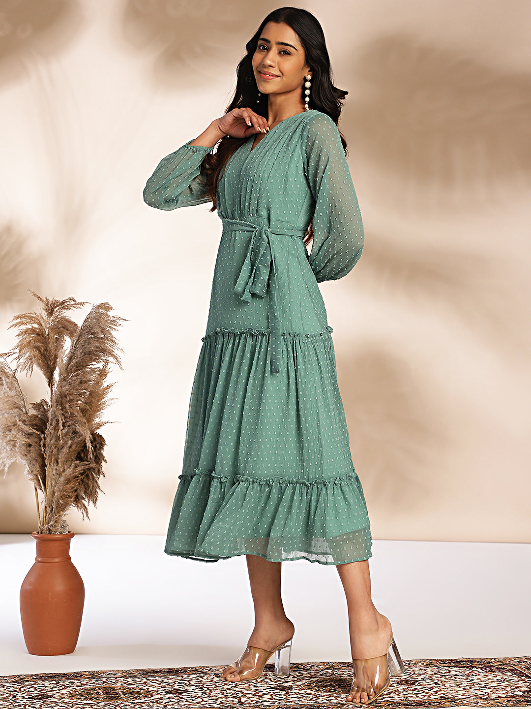 Janasya Sage Dobby Chiffon Solid Tiered Dress