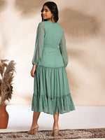 Thumbnail for Janasya Sage Dobby Chiffon Solid Tiered Dress
