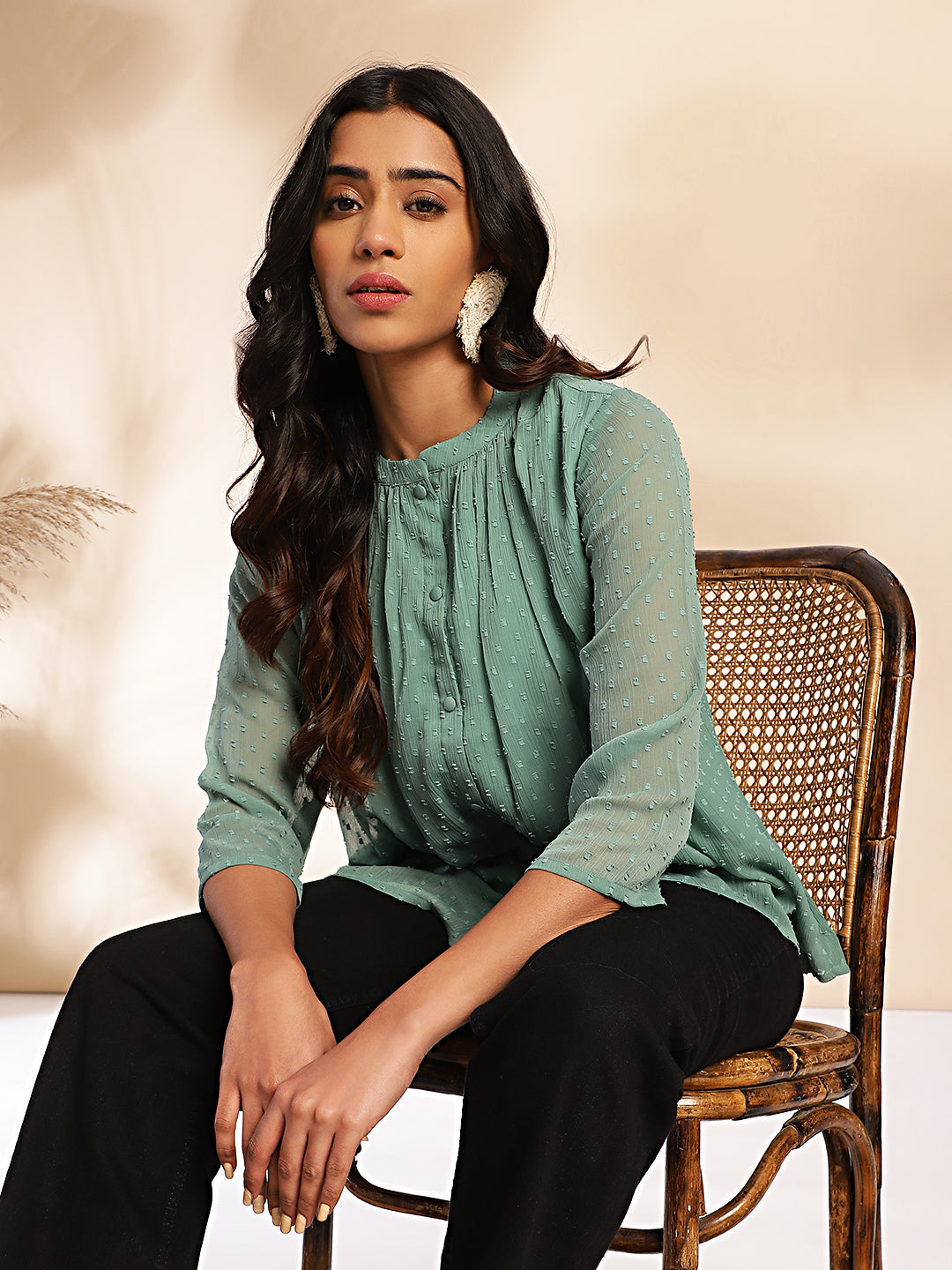 Janasya Sage Dobby Chiffon Woven Design Regular Top