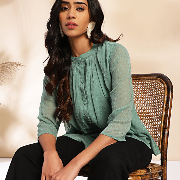 Janasya Sage Dobby Chiffon Woven Design Regular Top