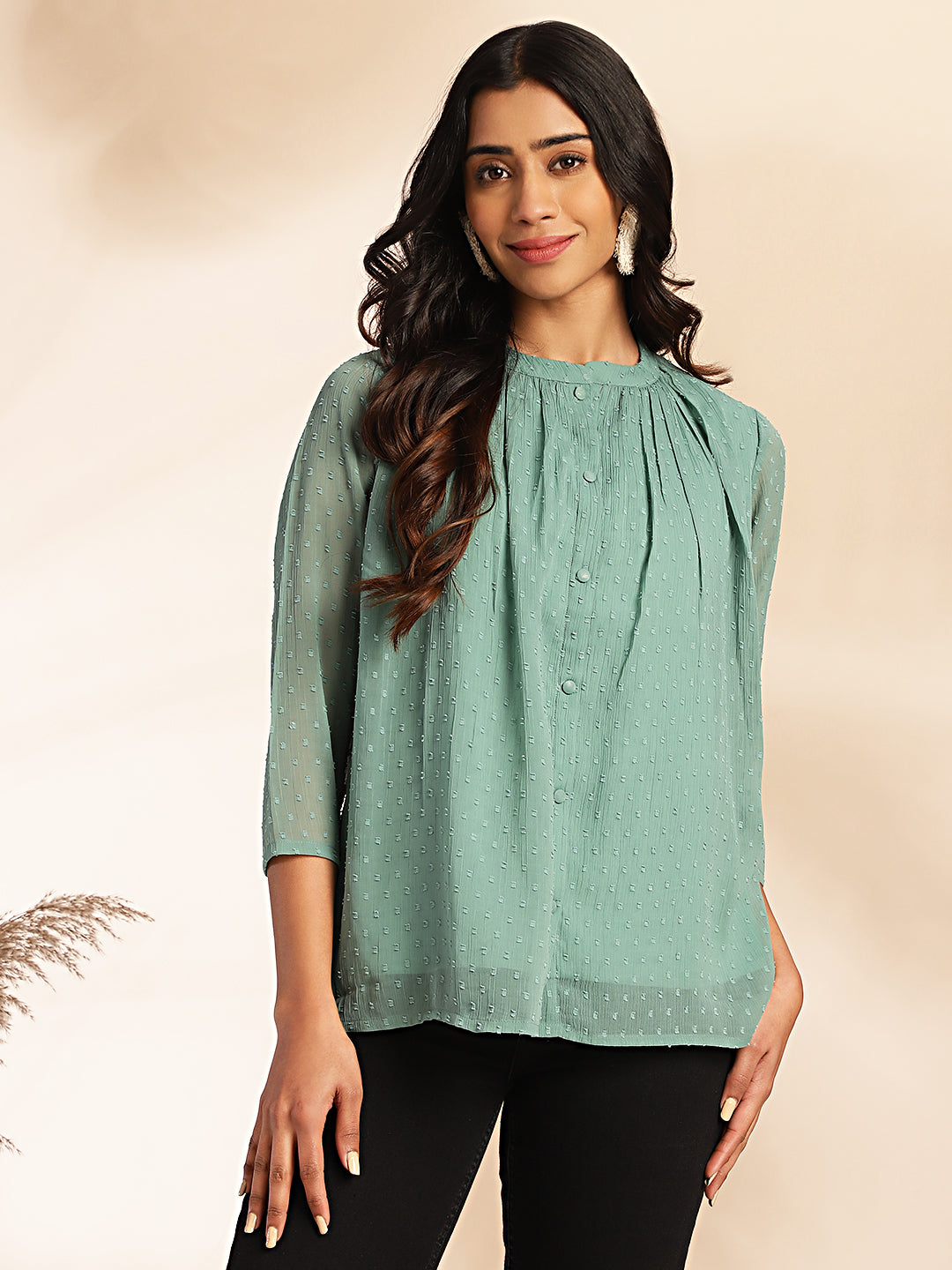 Janasya Sage Dobby Chiffon Woven Design Regular Top