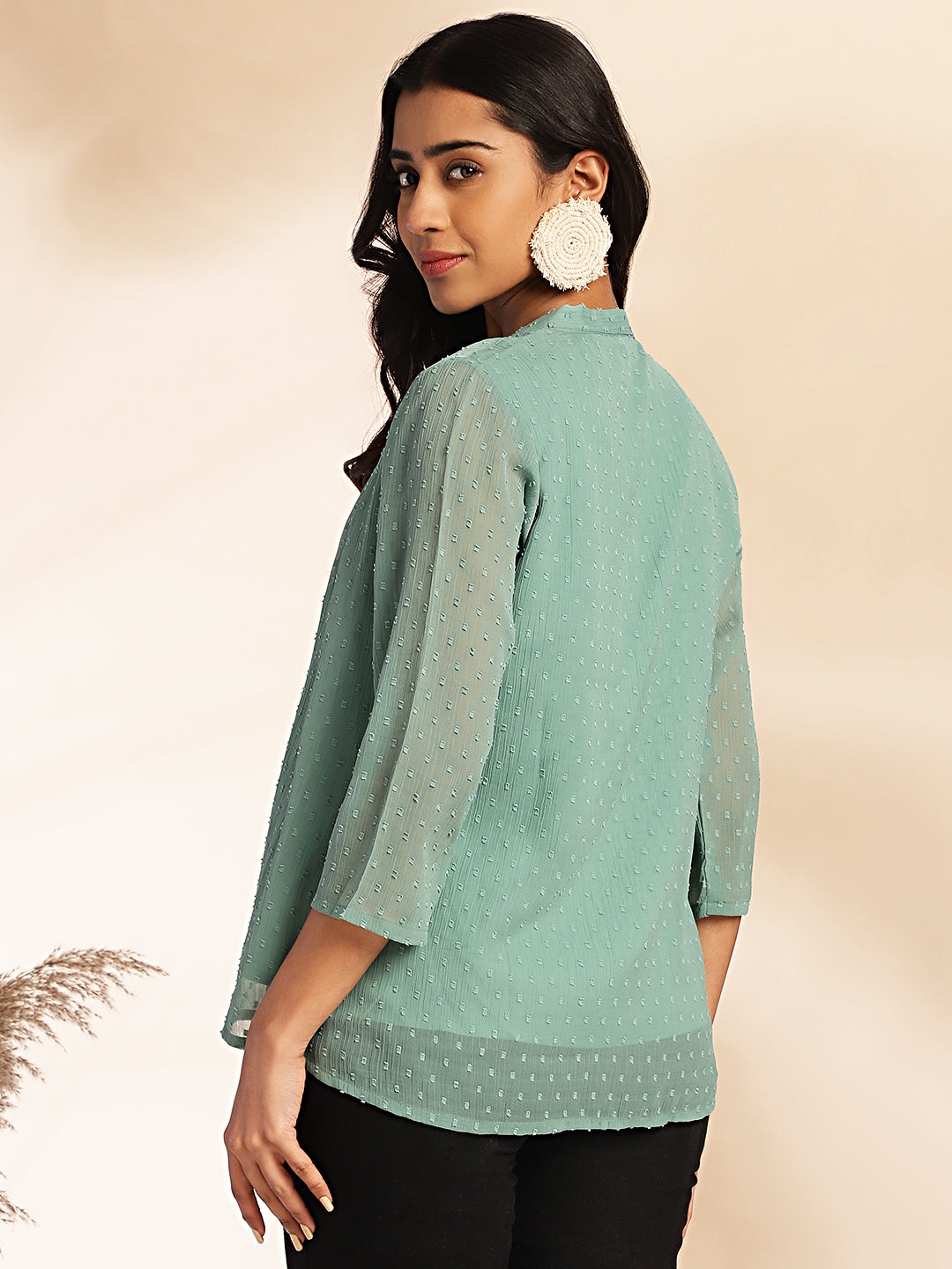 Janasya Sage Dobby Chiffon Woven Design Regular Top