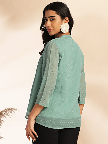 Janasya Sage Dobby Chiffon Woven Design Regular Top - Distacart