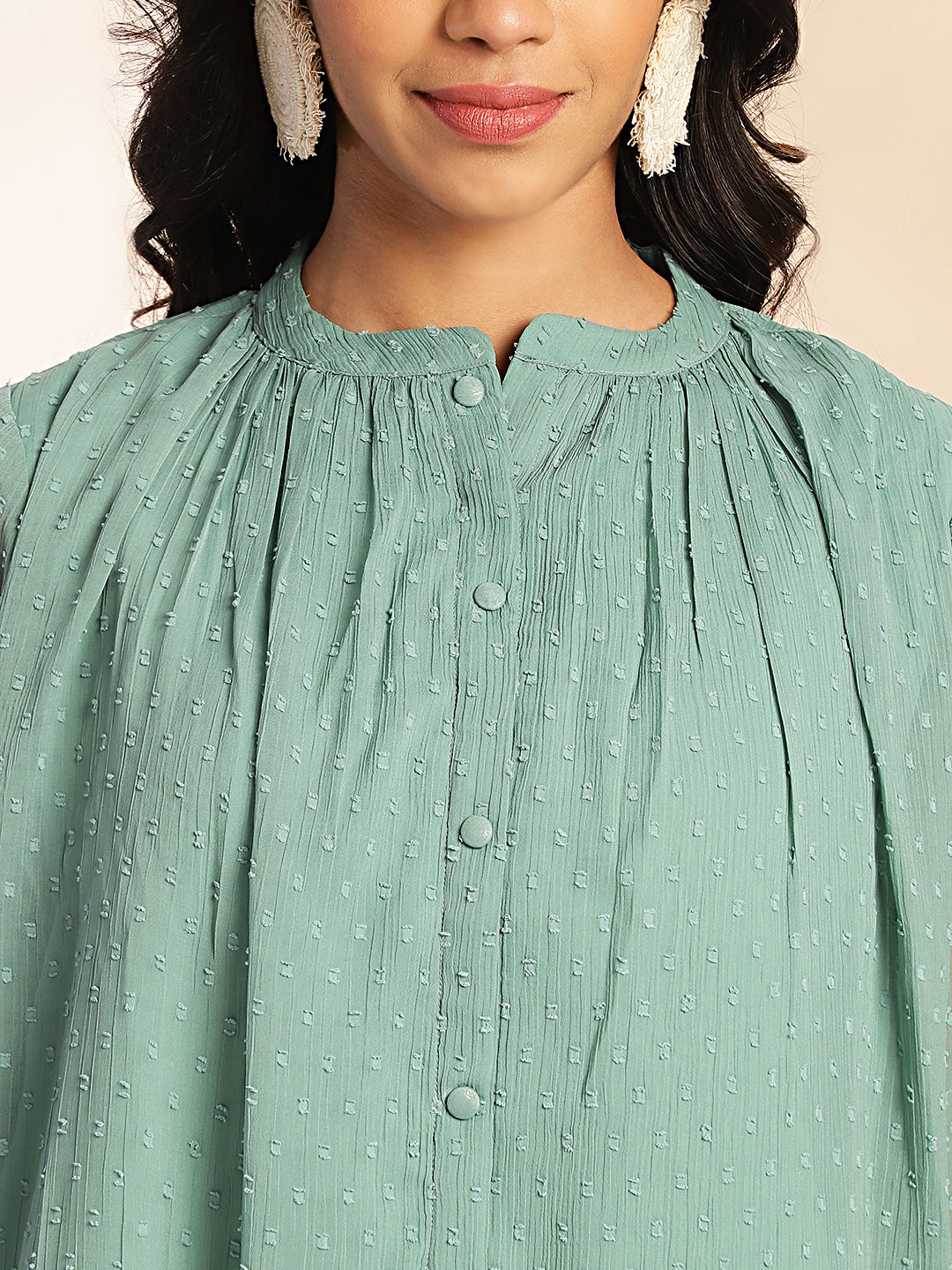 Janasya Sage Dobby Chiffon Woven Design Regular Top - Distacart