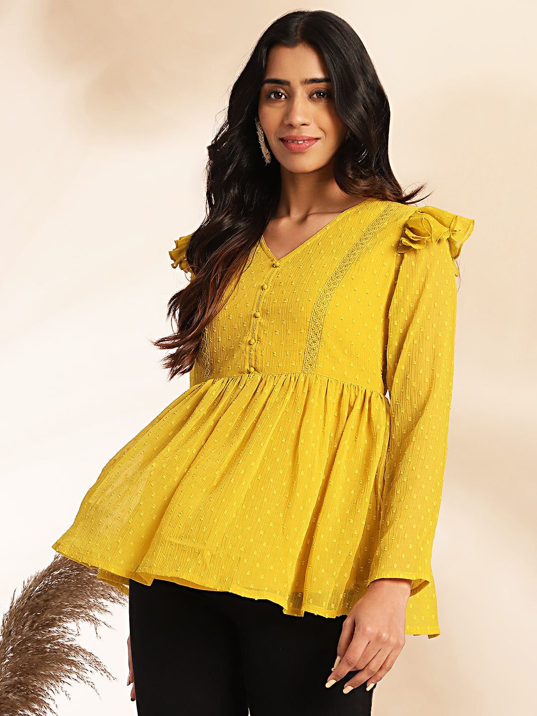 Janasya Mustard Dobby Chiffon Self Design Peplum Top