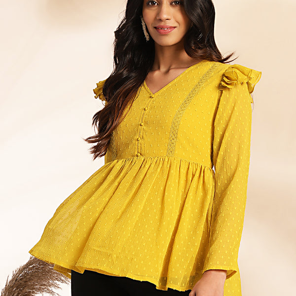 Janasya Mustard Dobby Chiffon Self Design Peplum Top