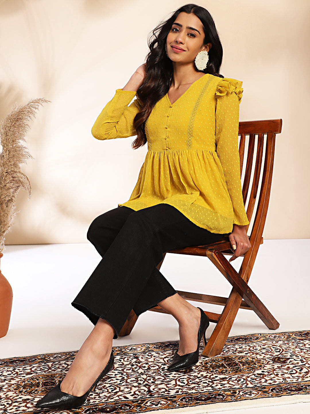 Janasya Mustard Dobby Chiffon Self Design Peplum Top