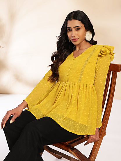 Janasya Mustard Dobby Chiffon Self Design Peplum Top - Distacart