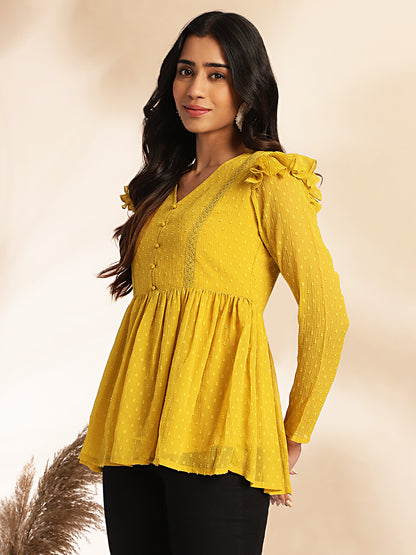 Janasya Mustard Dobby Chiffon Self Design Peplum Top - Distacart