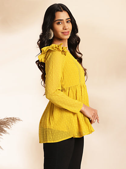 Janasya Mustard Dobby Chiffon Self Design Peplum Top - Distacart