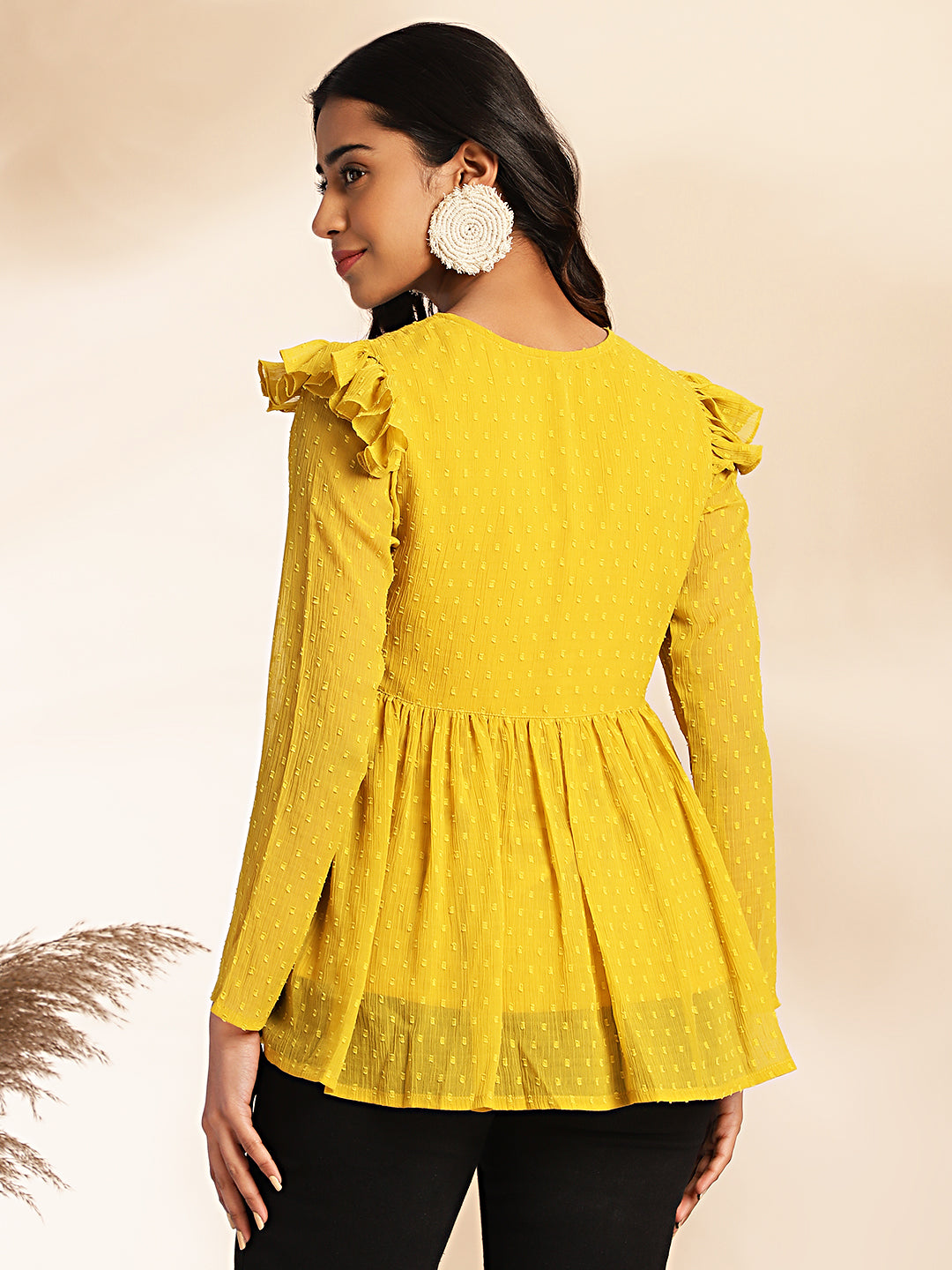 Janasya Mustard Dobby Chiffon Self Design Peplum Top