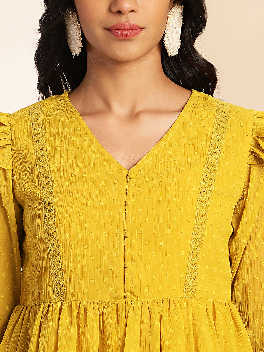Janasya Mustard Dobby Chiffon Self Design Peplum Top
