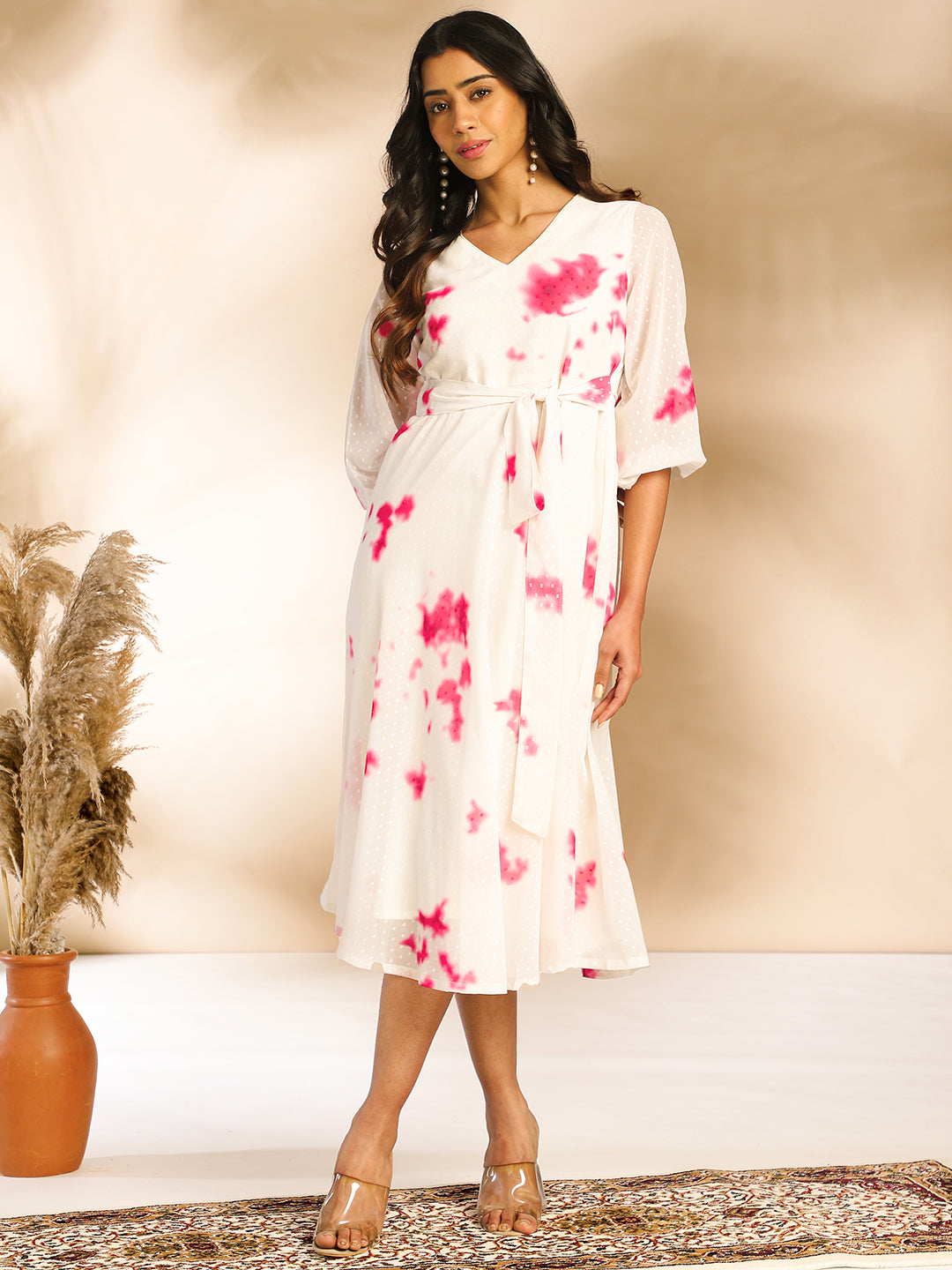 Janasya Off White Dobby Georgette Tie & Dye Fit & Flare Dress