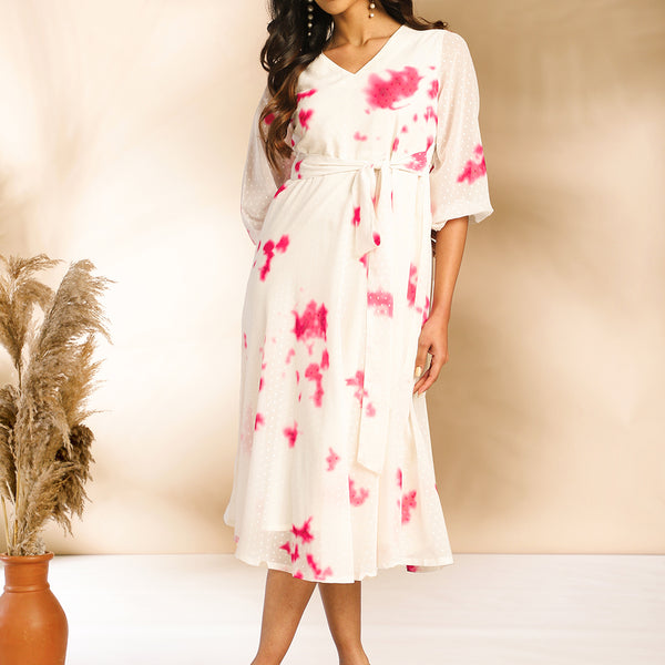 Janasya Off White Dobby Georgette Tie & Dye Fit & Flare Dress