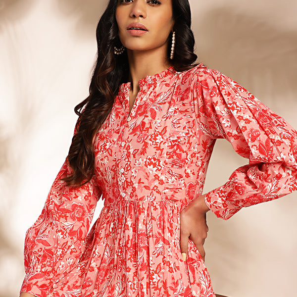 Janasya Pink Cotton Floral Fit & Flare Dress - Distacart
