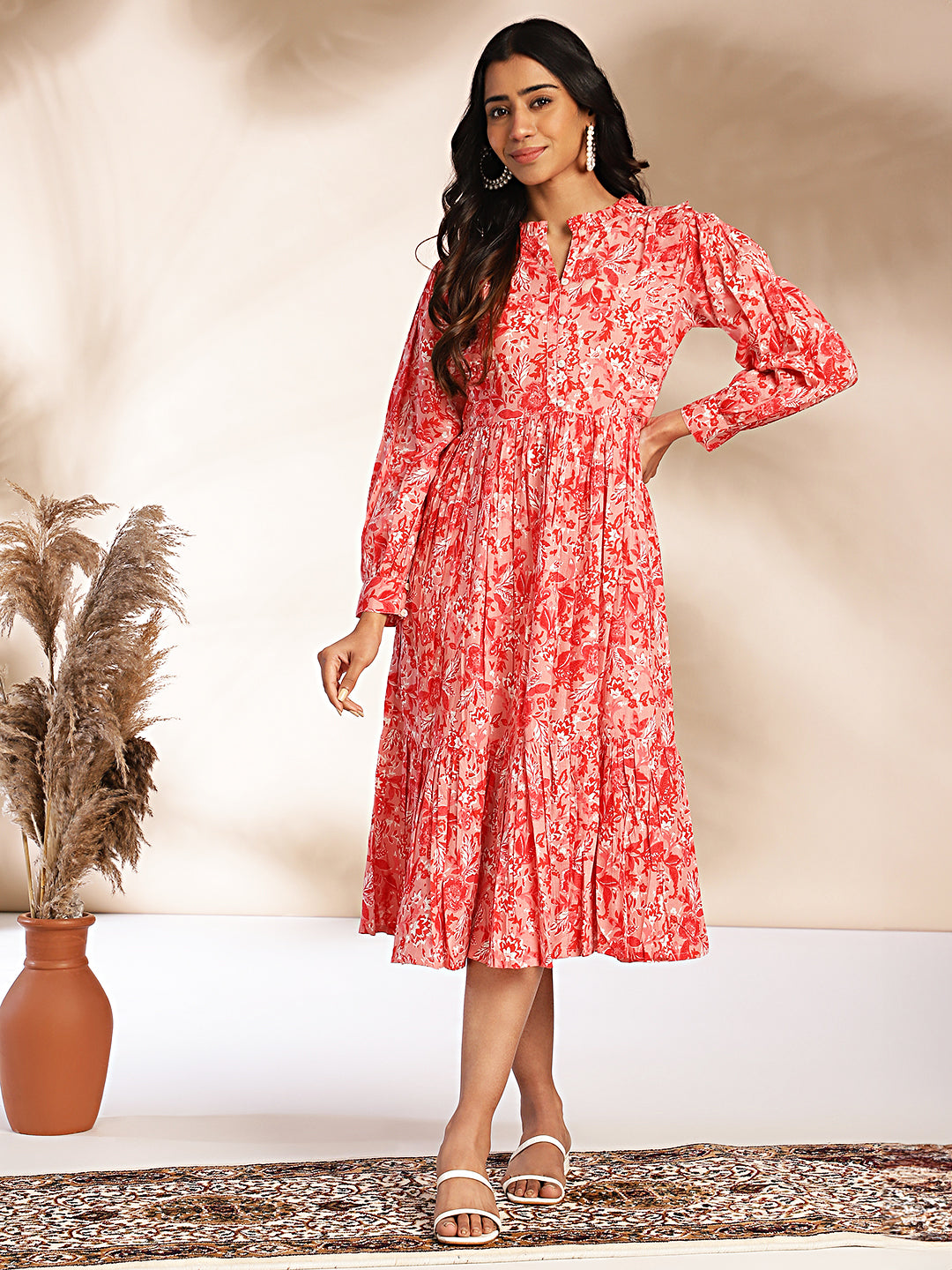 Janasya Pink Cotton Floral Fit & Flare Dress