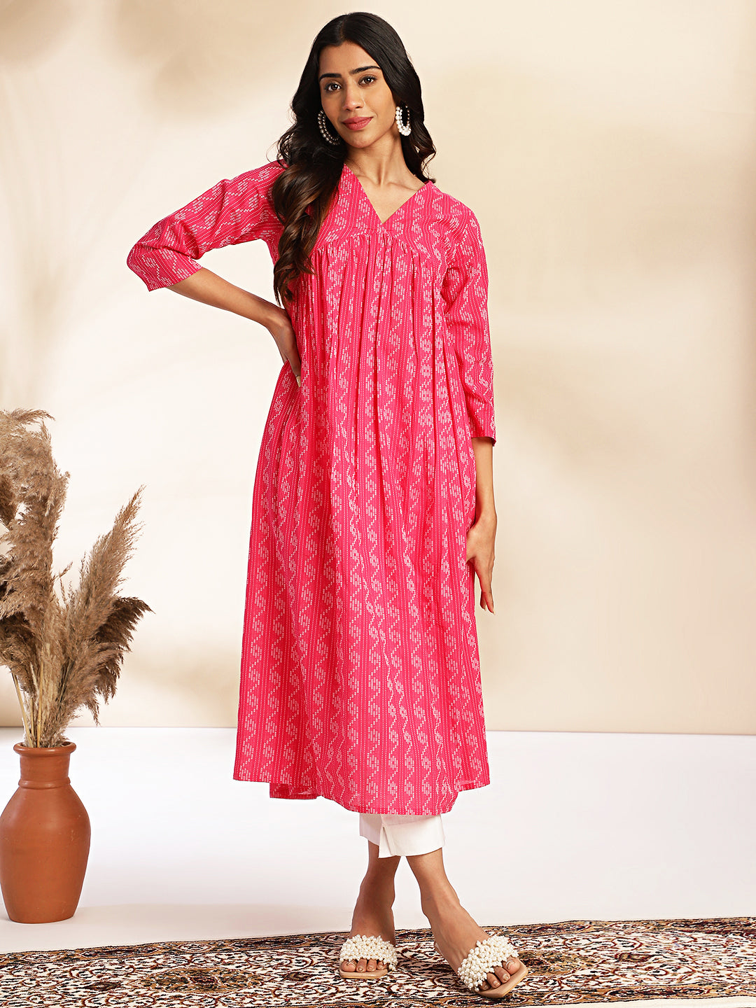 Janasya Pink Cotton Woven Design Gathered Kurta