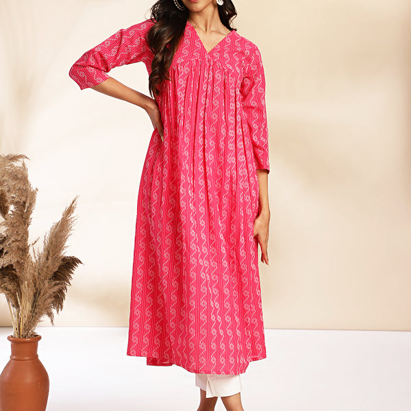 Janasya Pink Cotton Woven Design Gathered Kurta