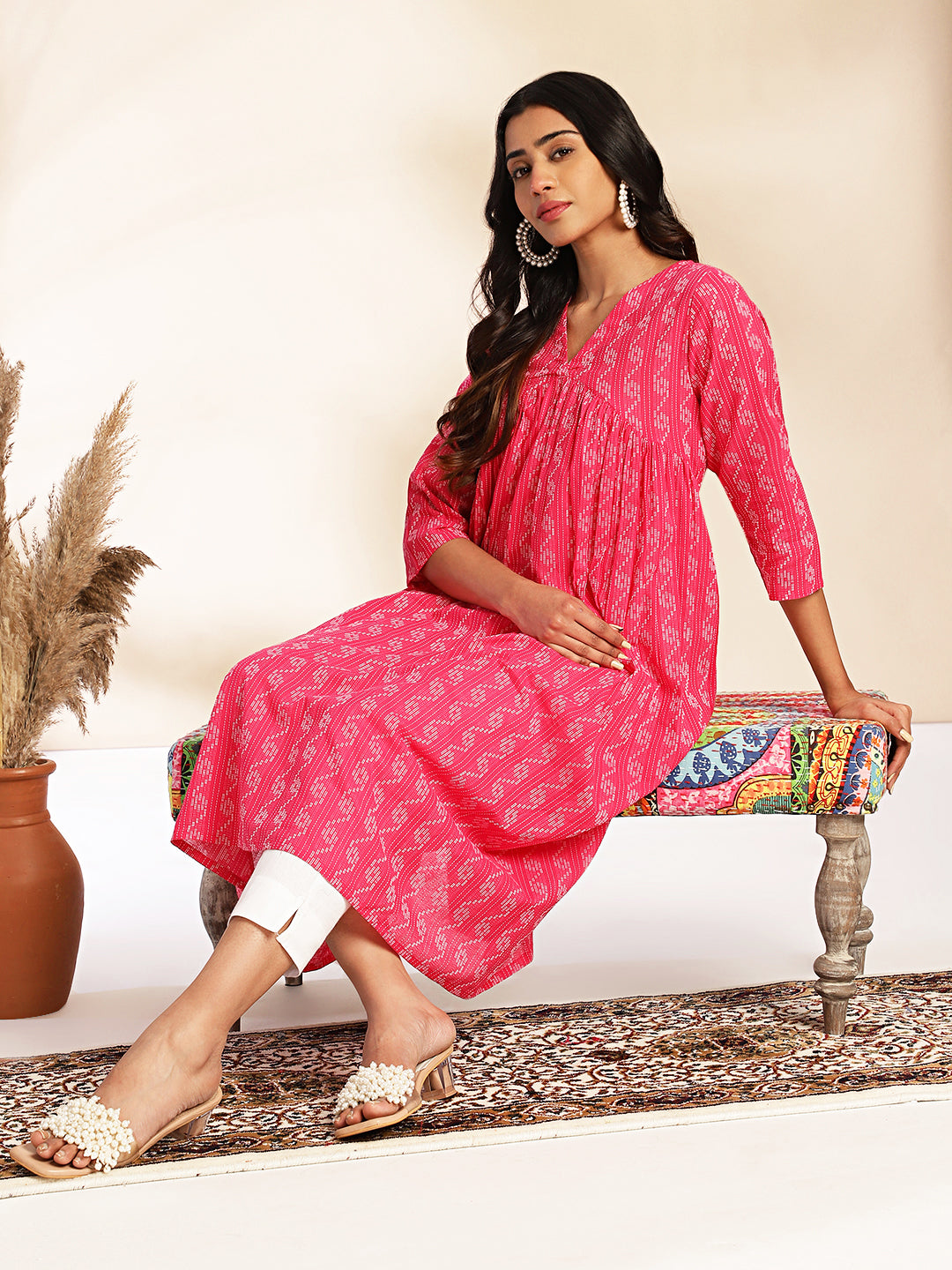 Janasya Pink Cotton Woven Design Gathered Kurta