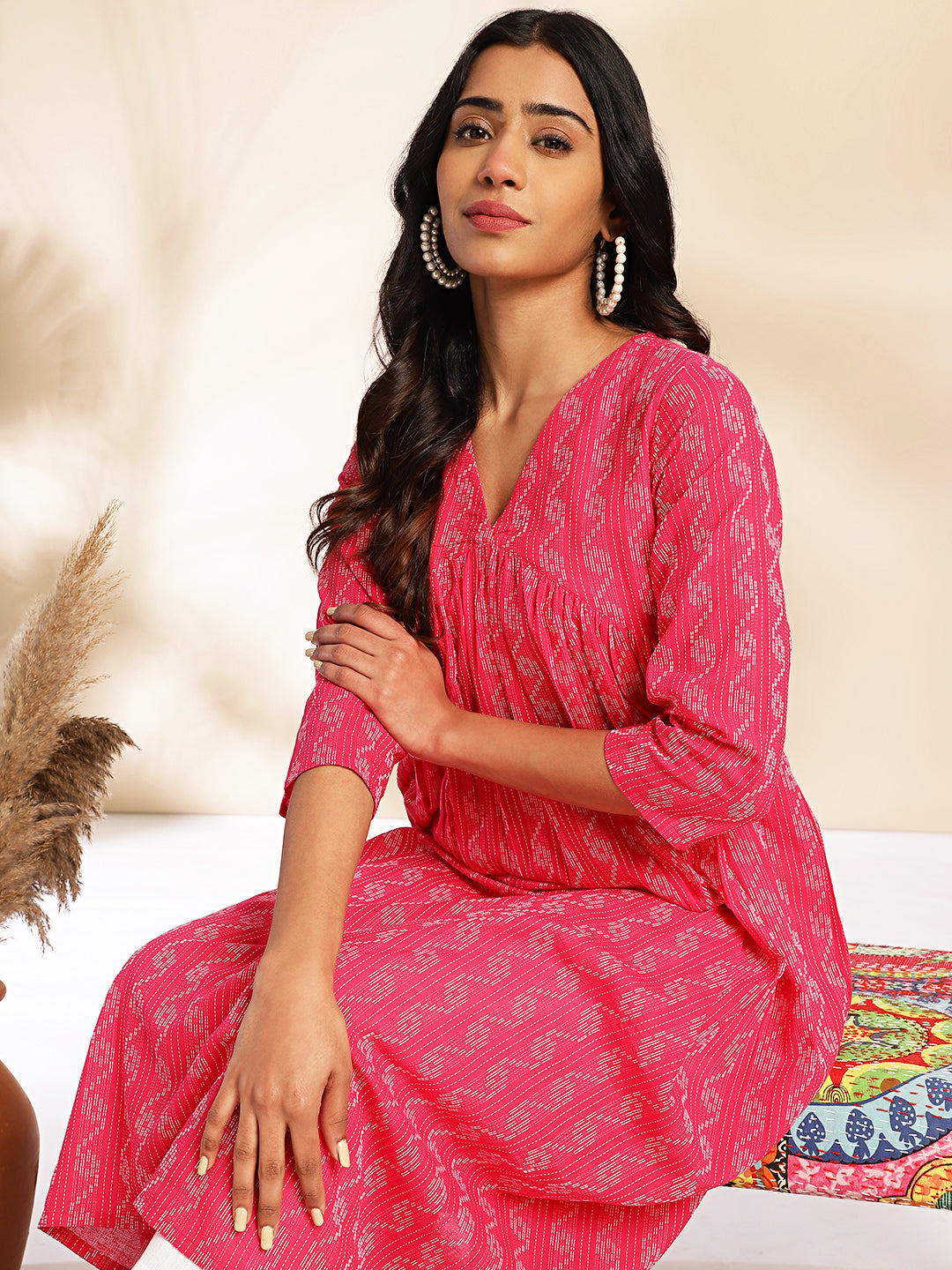 Janasya Pink Cotton Woven Design Gathered Kurta