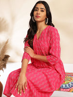 Thumbnail for Janasya Pink Cotton Woven Design Gathered Kurta
